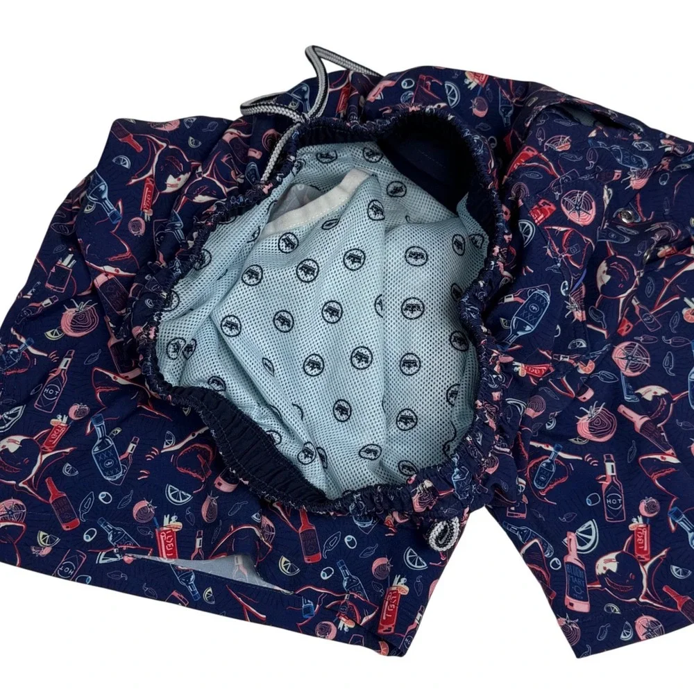 Peter Millar Mens Navy Bloody Mary‎ Cocktail Print Swim Trunks Size Small